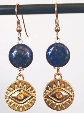 14k Gold Filled Navy Blue Lapis Lazuli Evil Eye Dangle Earrings